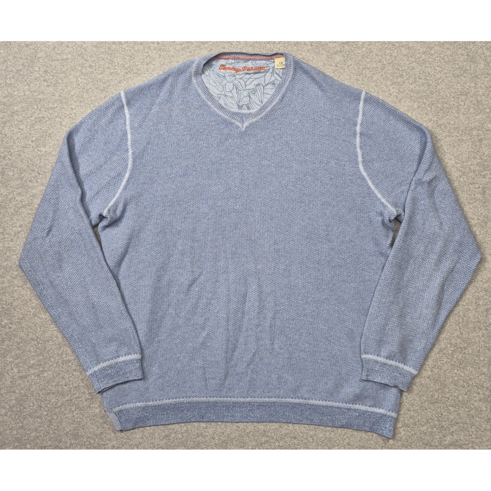 Tommy Bahama Sweater Mens Large Gray V-Neck Knit Cotton Pullover Coastal Casual